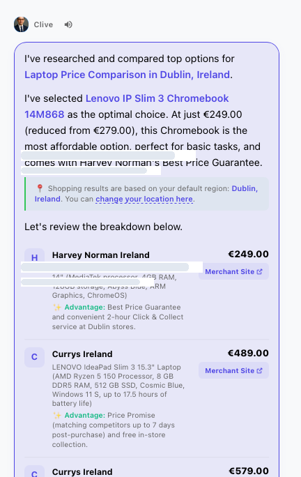 Clive Help Me Shop Price Comparison