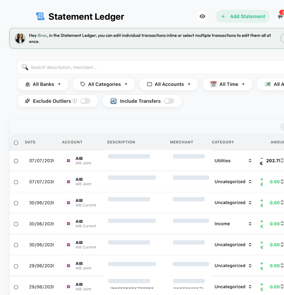 Statement Ledger & Inline Transaction Editing